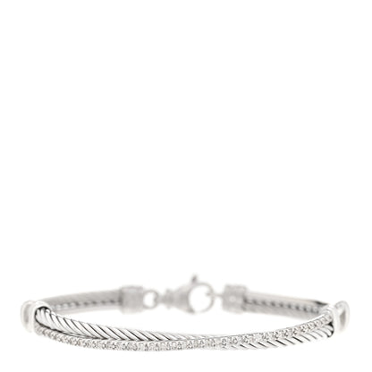 David Yurman Sterling Silver 14K White Gold Diamond 3mm Crossover Bracelet 1 of 4