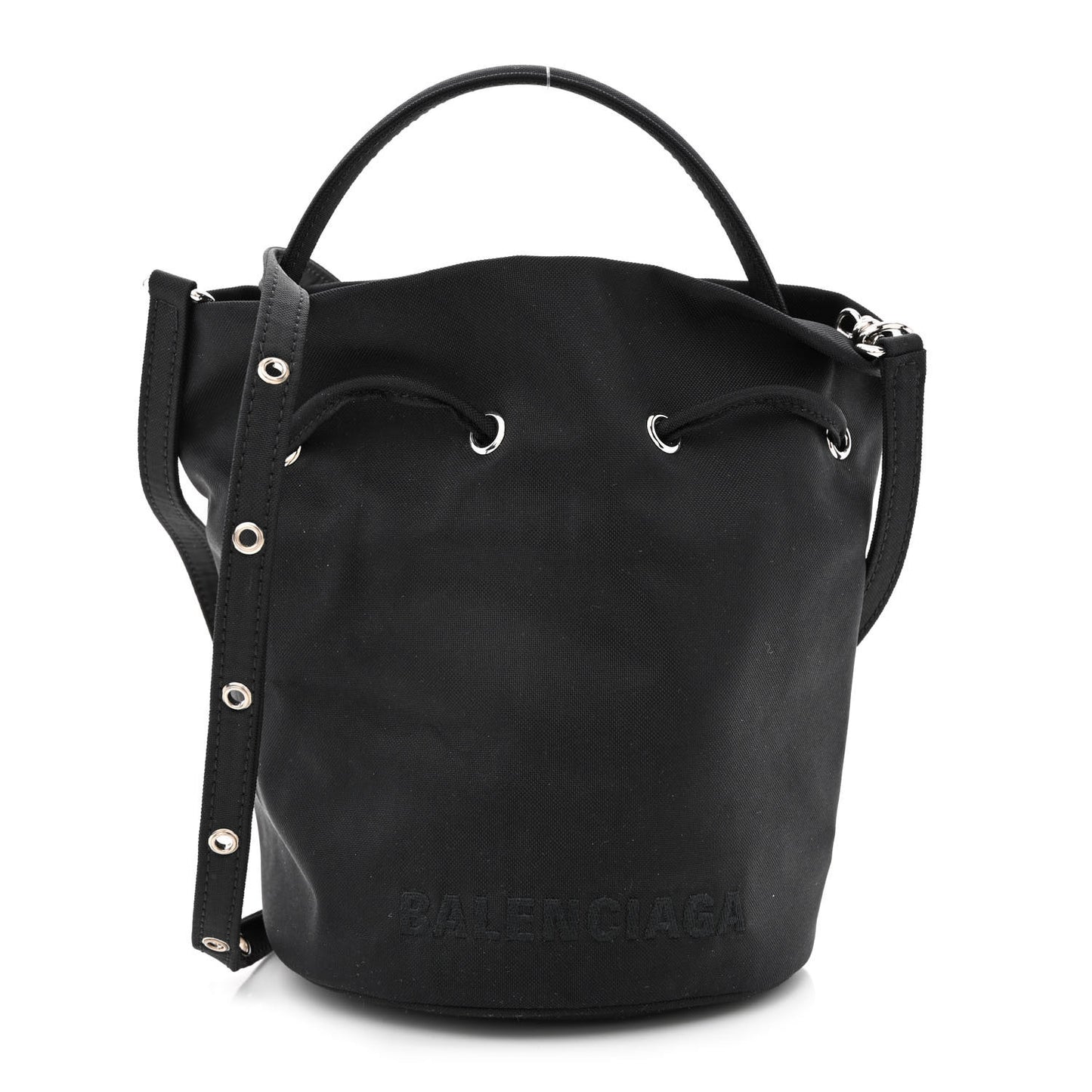 Recycled Sport Nylon Logo Embroidered Wheel Drawstring Bucket Bag Black