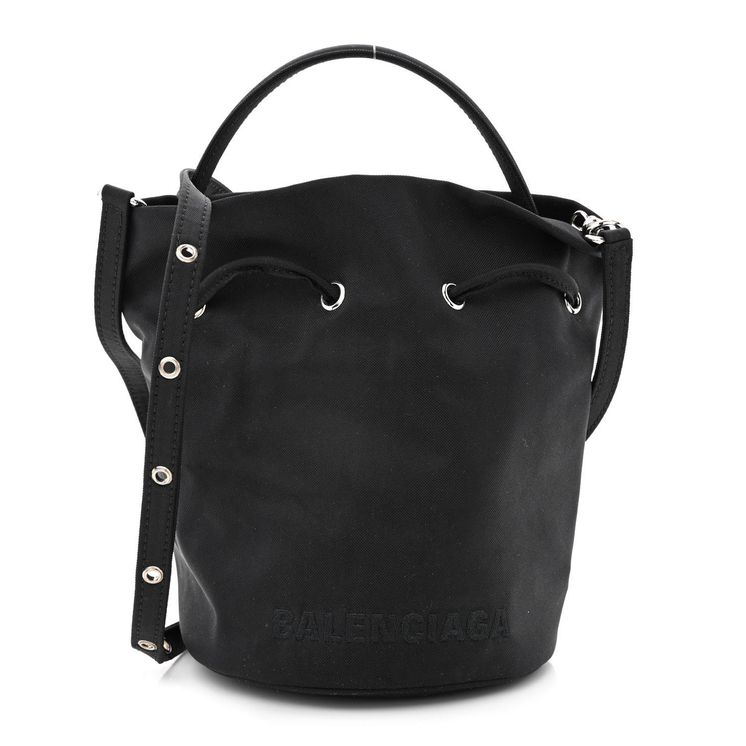 Balenciaga Recycled Sport Nylon Logo Embroidered Wheel Drawstring Bucket Bag Black 1 of 10