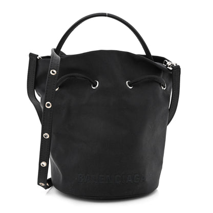 Balenciaga Recycled Sport Nylon Logo Embroidered Wheel Drawstring Bucket Bag Black 1 of 10