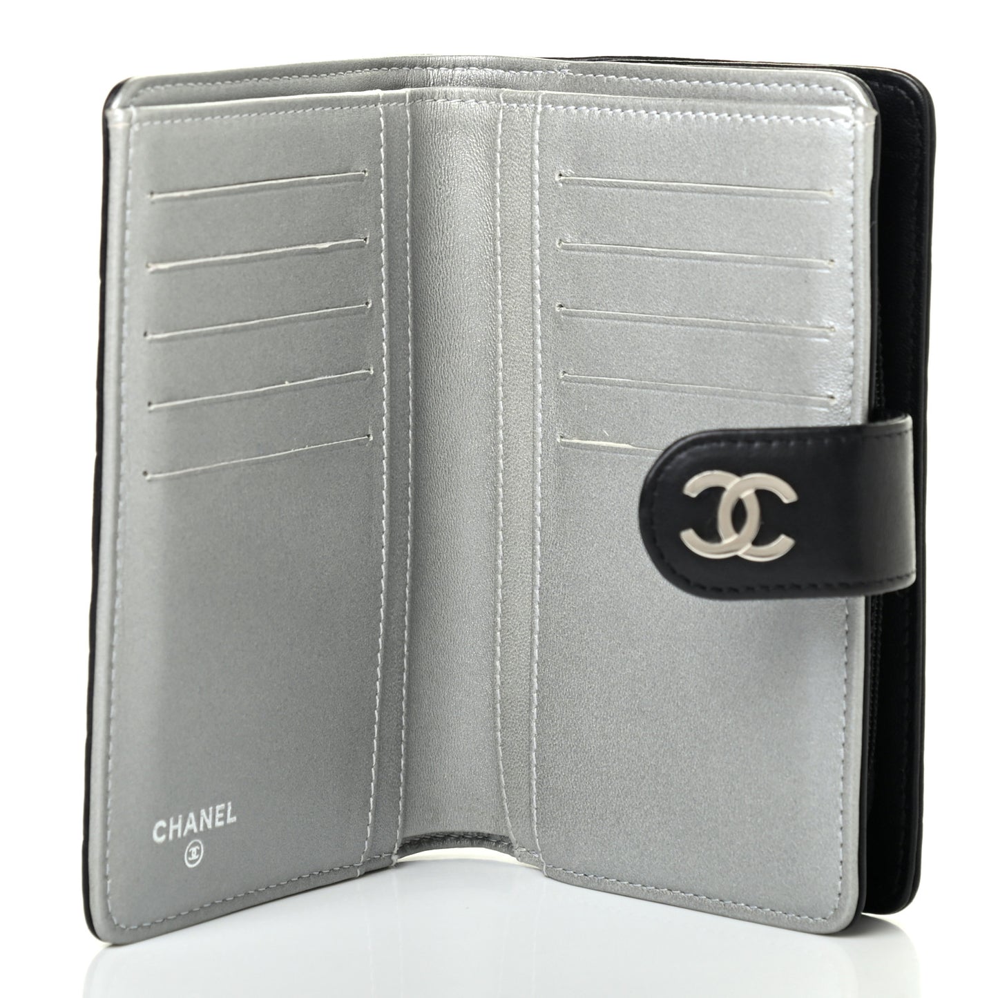 Lambskin Camellia Embossed Zipped Pocket Wallet Black