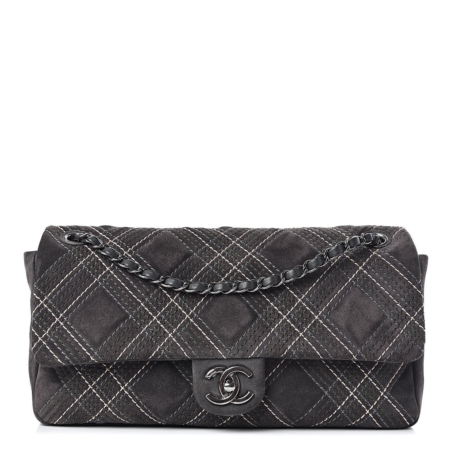 Chanel Suede Stitched Jumbo Saltire Single Flap Grey 1 of 12
