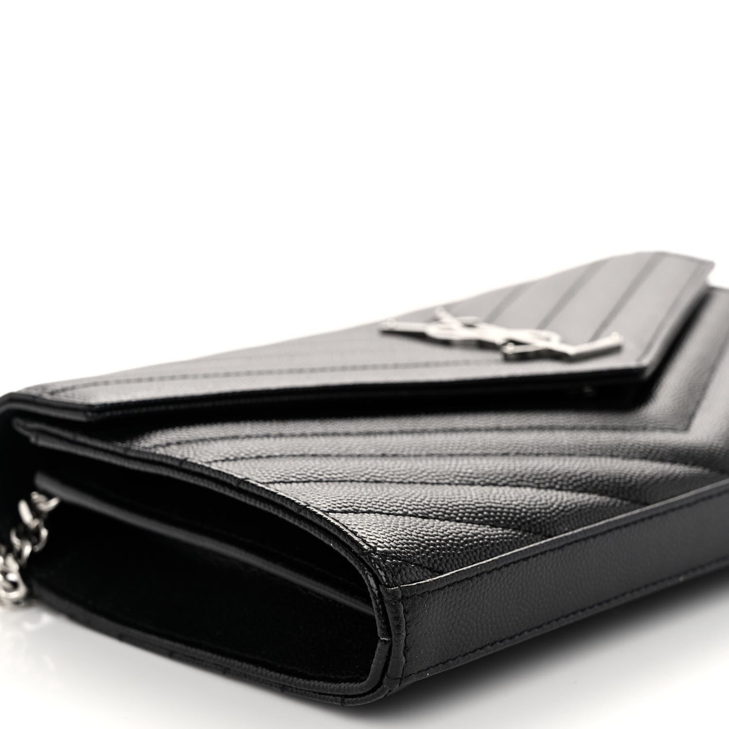 Saint Laurent Grain De Poudre Matelasse Chevron Monogram Chain Wallet Black 8 of 9