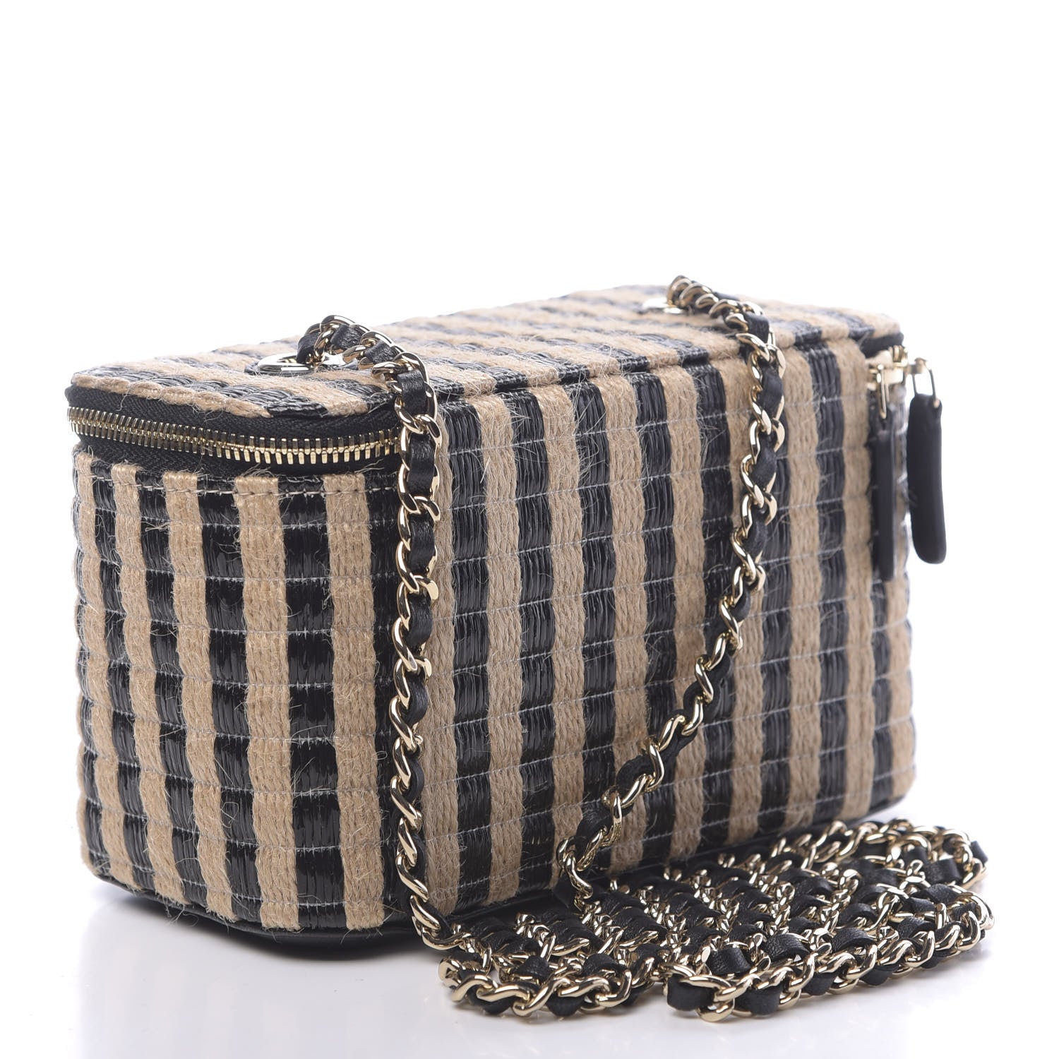 Chanel Raffia Jute Striped Small Vanity Case With Chain Black Beige 3 of 10