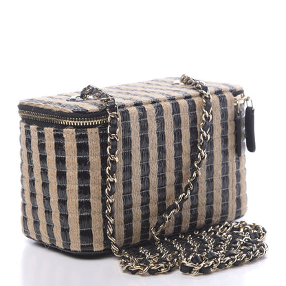 Chanel Raffia Jute Striped Small Vanity Case With Chain Black Beige 3 of 10