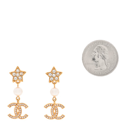 Chanel Crystal Pearl CC Star Drop Earrings Gold 2 of 4