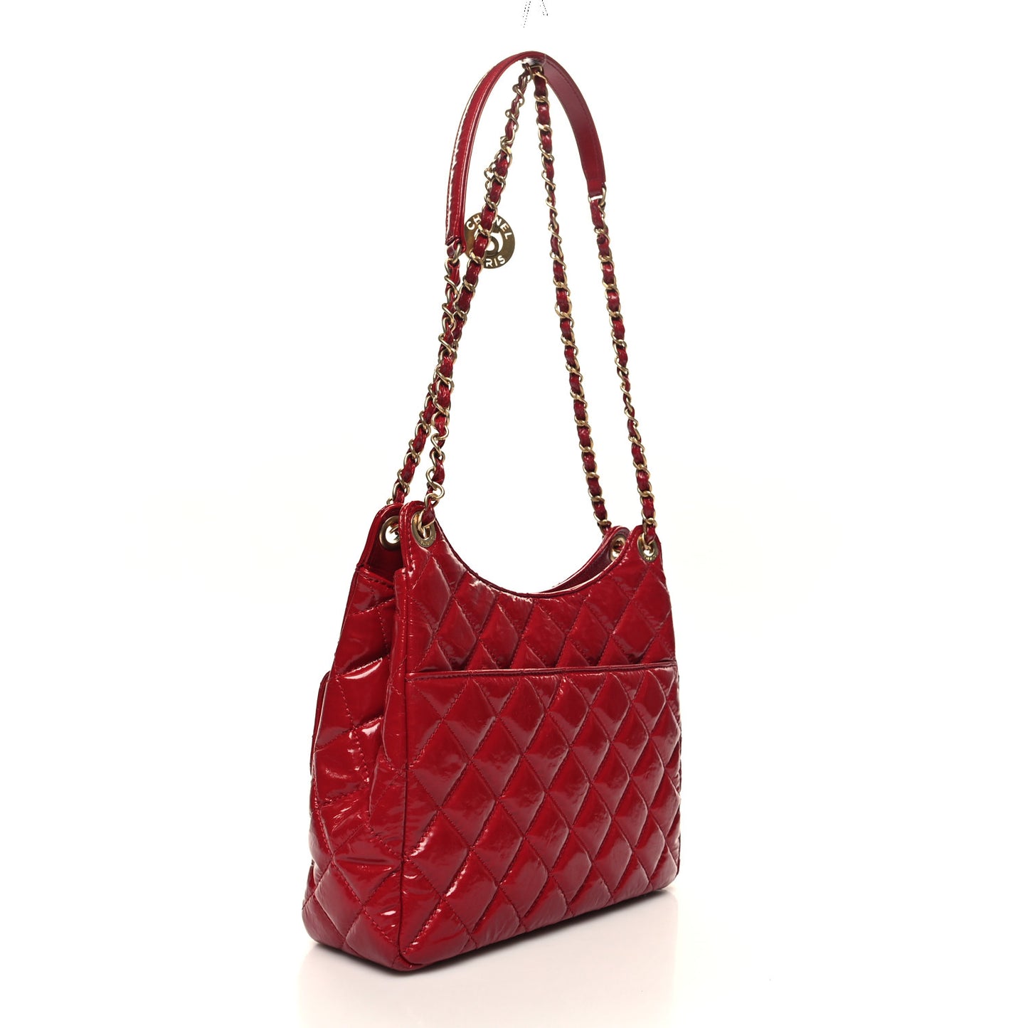 Shiny Crumpled Calfskin Quilted Wavy CC Hobo Red
