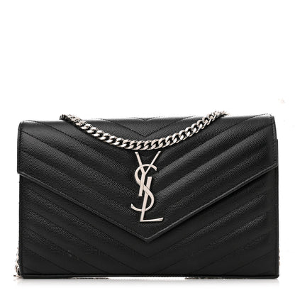 Saint Laurent Grain De Poudre Matelasse Chevron Monogram Chain Wallet Black 1 of 13