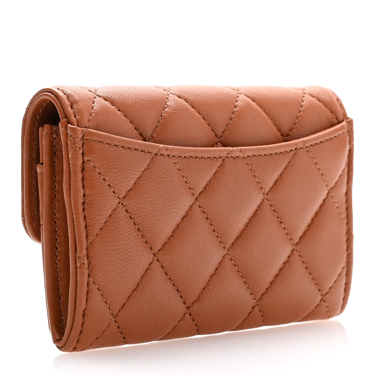 Lambskin Quilted Flap Card Holder Wallet Brown