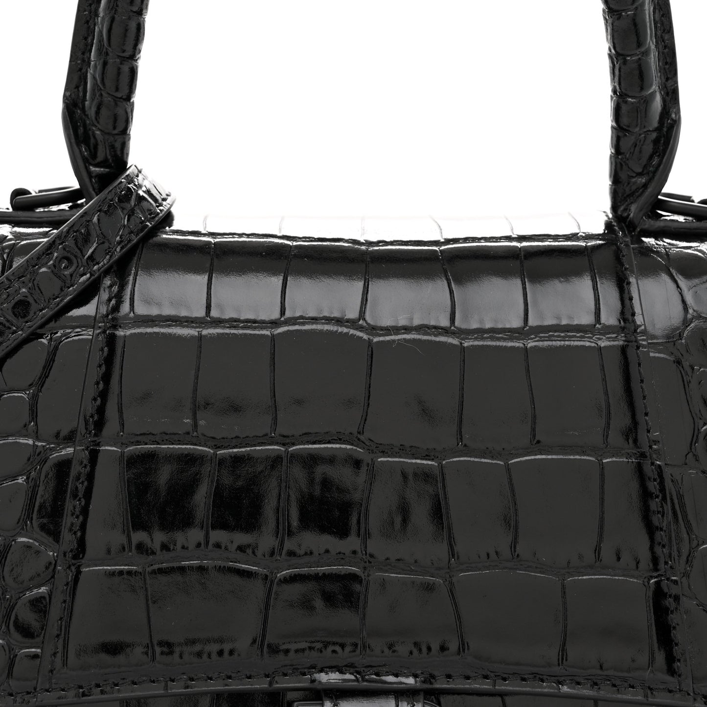 Shiny Calfskin Monochrome Crocodile Embossed Small Hourglass Top Handle Bag Black