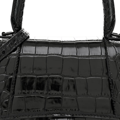 Balenciaga Shiny Calfskin Monochrome Crocodile Embossed Small Hourglass Top Handle Bag Black 8 of 11