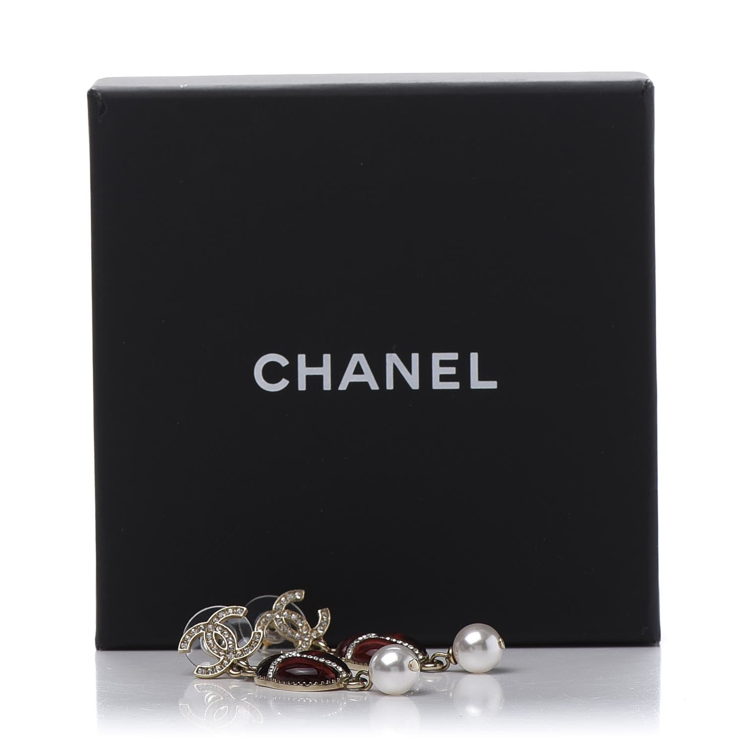 Chanel Crystal Pearl CC Drop Earrings Gold Red 5 of 5