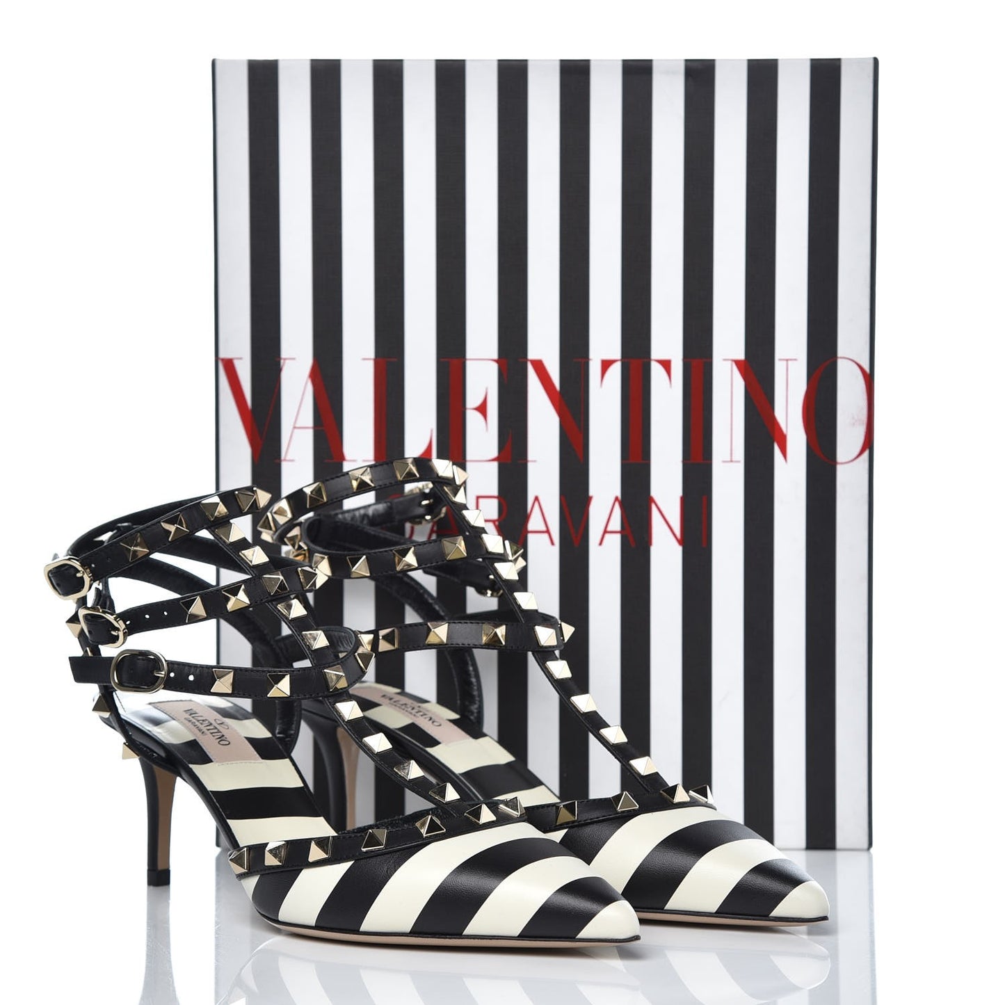 Calfskin Striped Rockstud Ankle Strap 65mm Pumps 38 Light Ivory Black