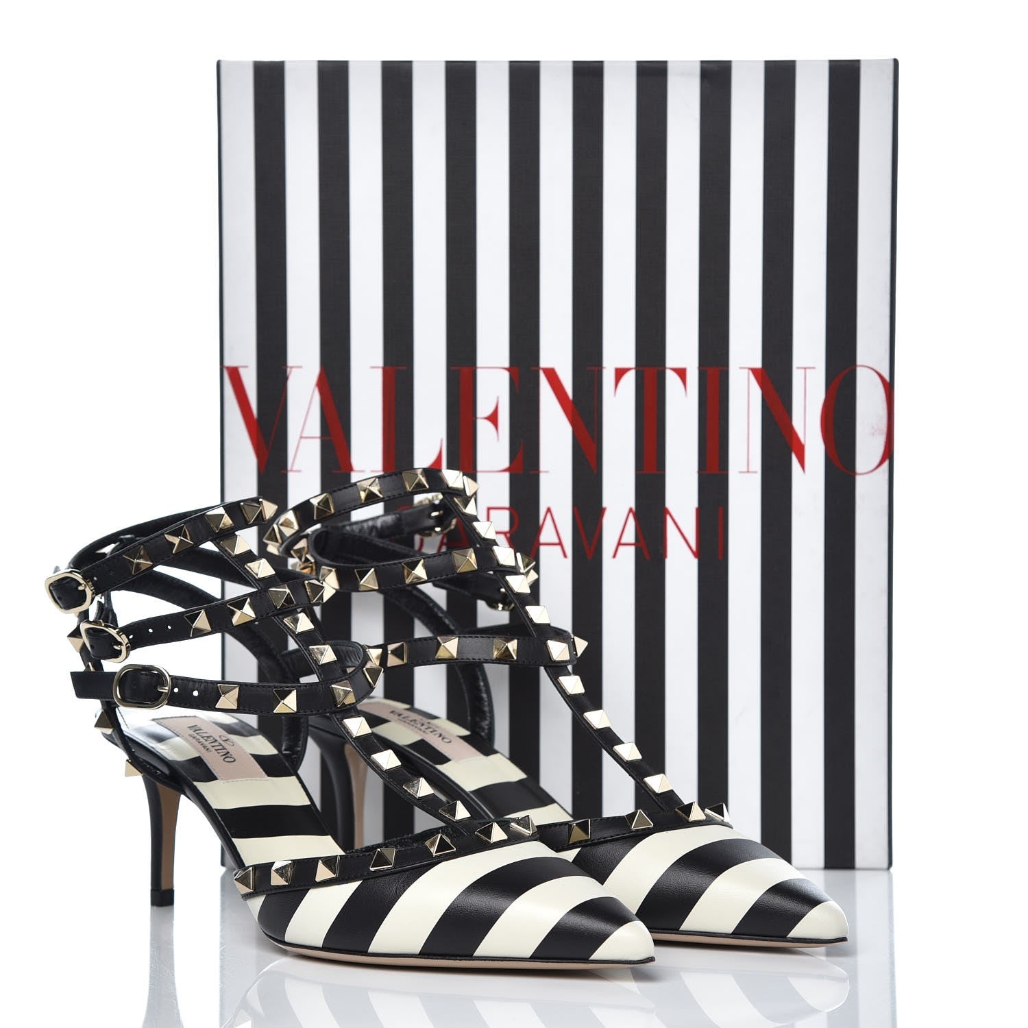 Valentino Garavani Calfskin Striped Rockstud Ankle Strap 65mm Pumps 38 Light Ivory Black 9 of 9