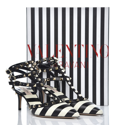 Valentino Garavani Calfskin Striped Rockstud Ankle Strap 65mm Pumps 38 Light Ivory Black 9 of 9