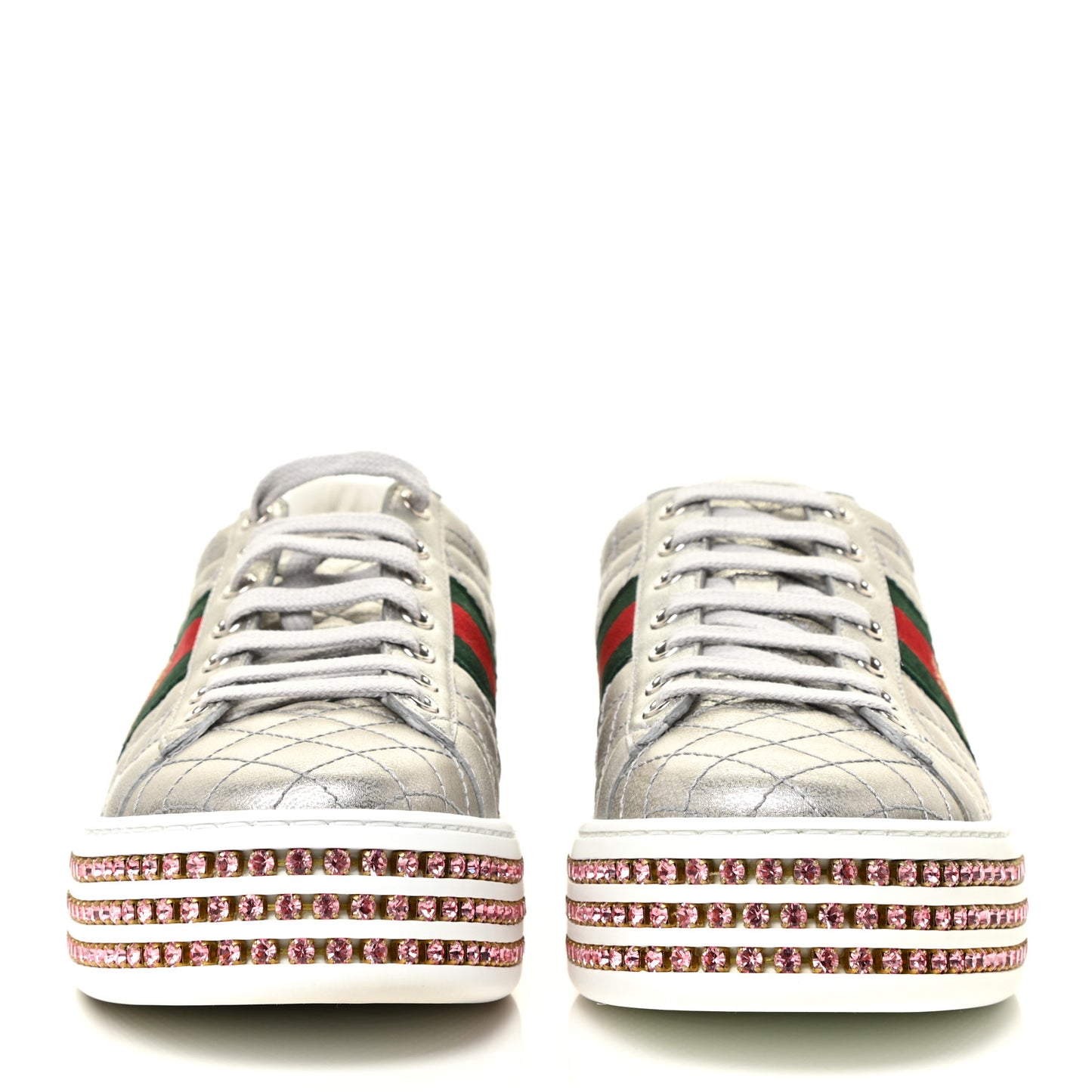 Laminated Nappa Crystal Web Bee Embroidered Trapuntata Womens Ace Platform Sneakers 38.5 Argento