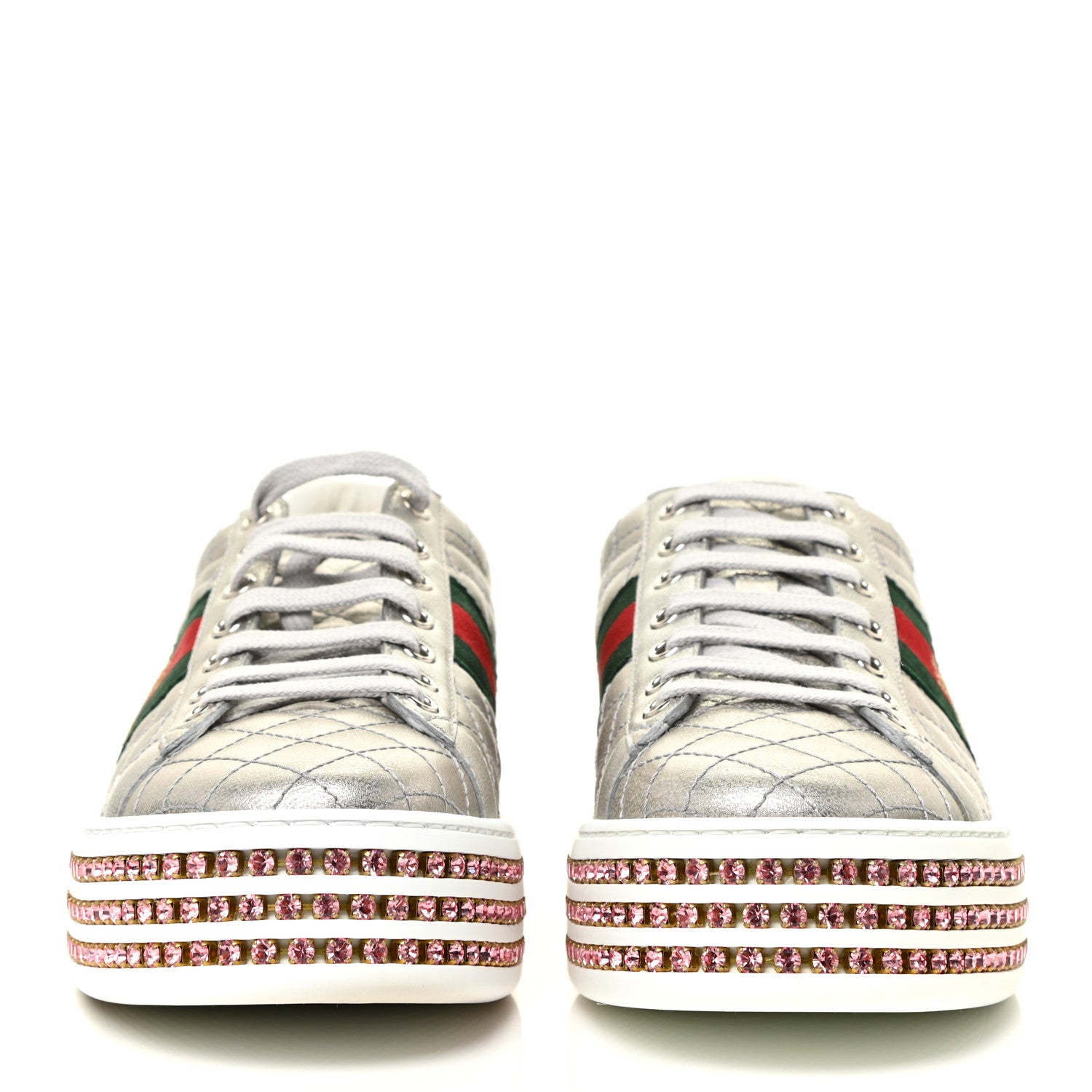 Gucci Laminated Nappa Crystal Web Bee Embroidered Trapuntata Womens Ace Platform Sneakers 38.5 Argento 2 of 16