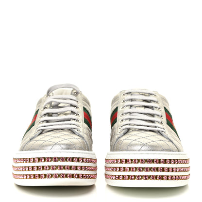 Gucci Laminated Nappa Crystal Web Bee Embroidered Trapuntata Womens Ace Platform Sneakers 38.5 Argento 2 of 16