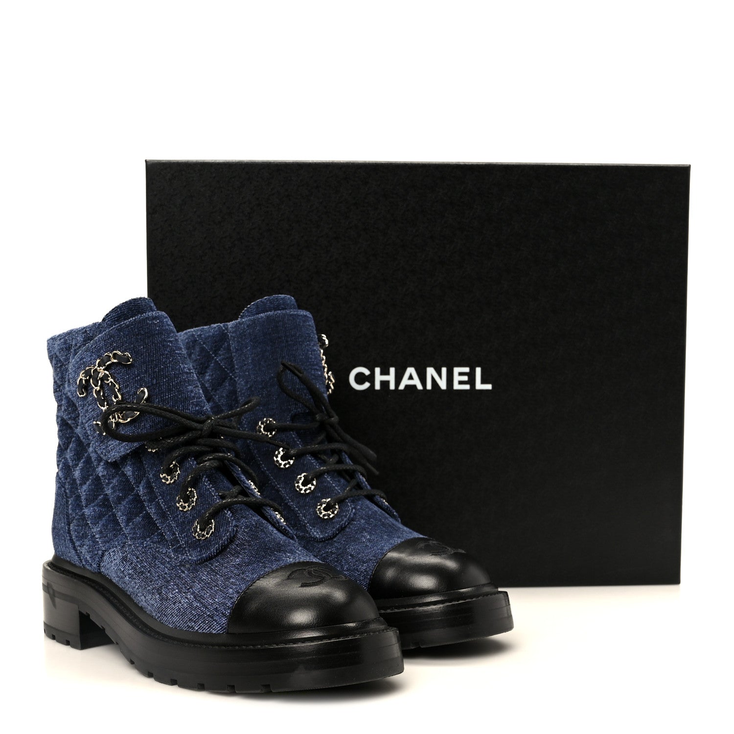 Chanel Shiny Calfskin Velvet Quilted Lace Up Combat Boots 37 Blue 11 of 11