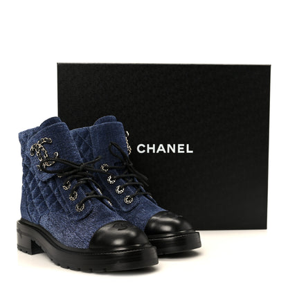 Chanel Shiny Calfskin Velvet Quilted Lace Up Combat Boots 37 Blue 11 of 11