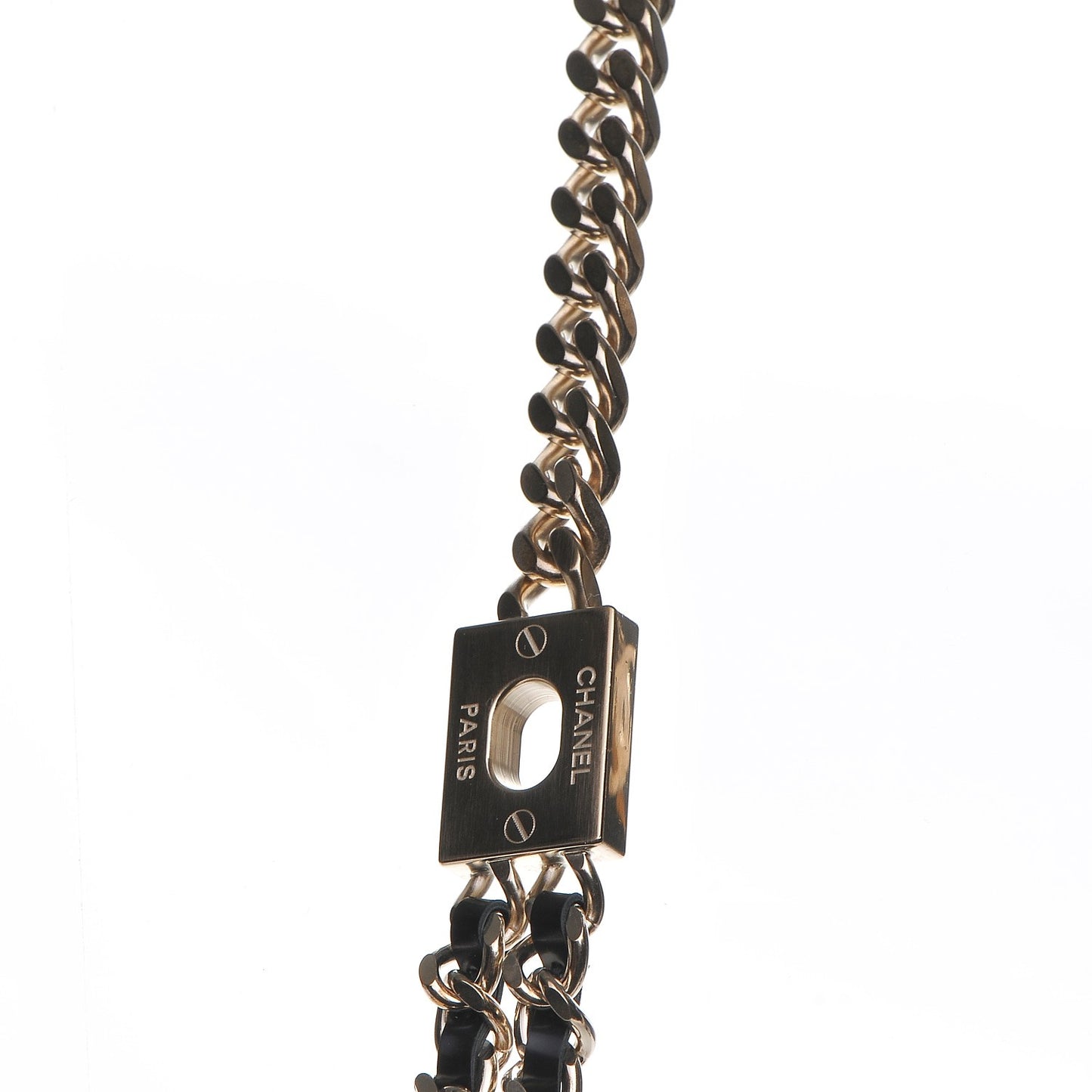 Lambskin CC Long Chain Necklace Black Gold