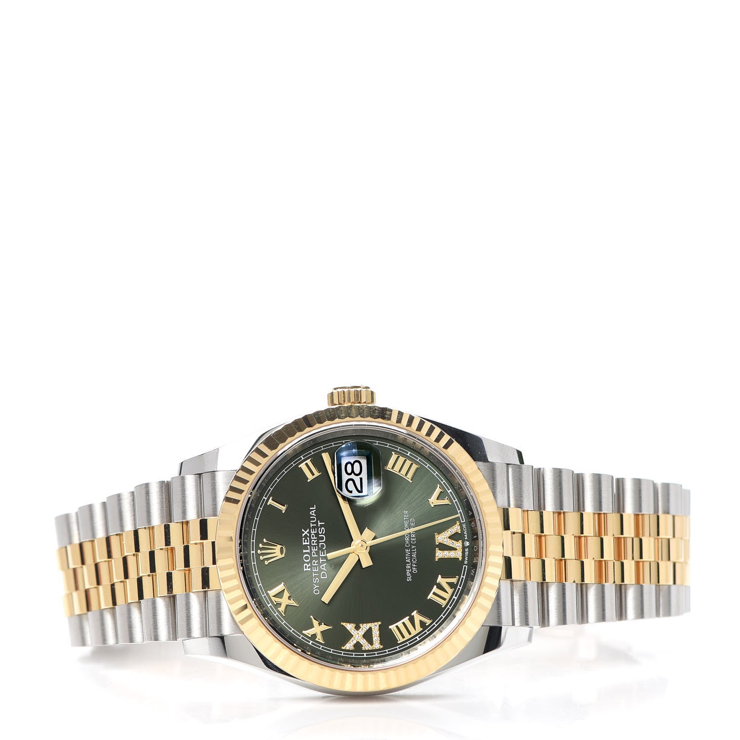 Rolex Stainless Steel 18K Yellow Gold Diamond 36mm Oyster Perpetual Datejust Watch Olive Green Roman 126233 2 of 5