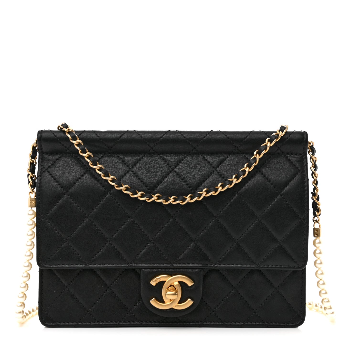 Lambskin Quilted Large Pearl Chain Flap Bag Black