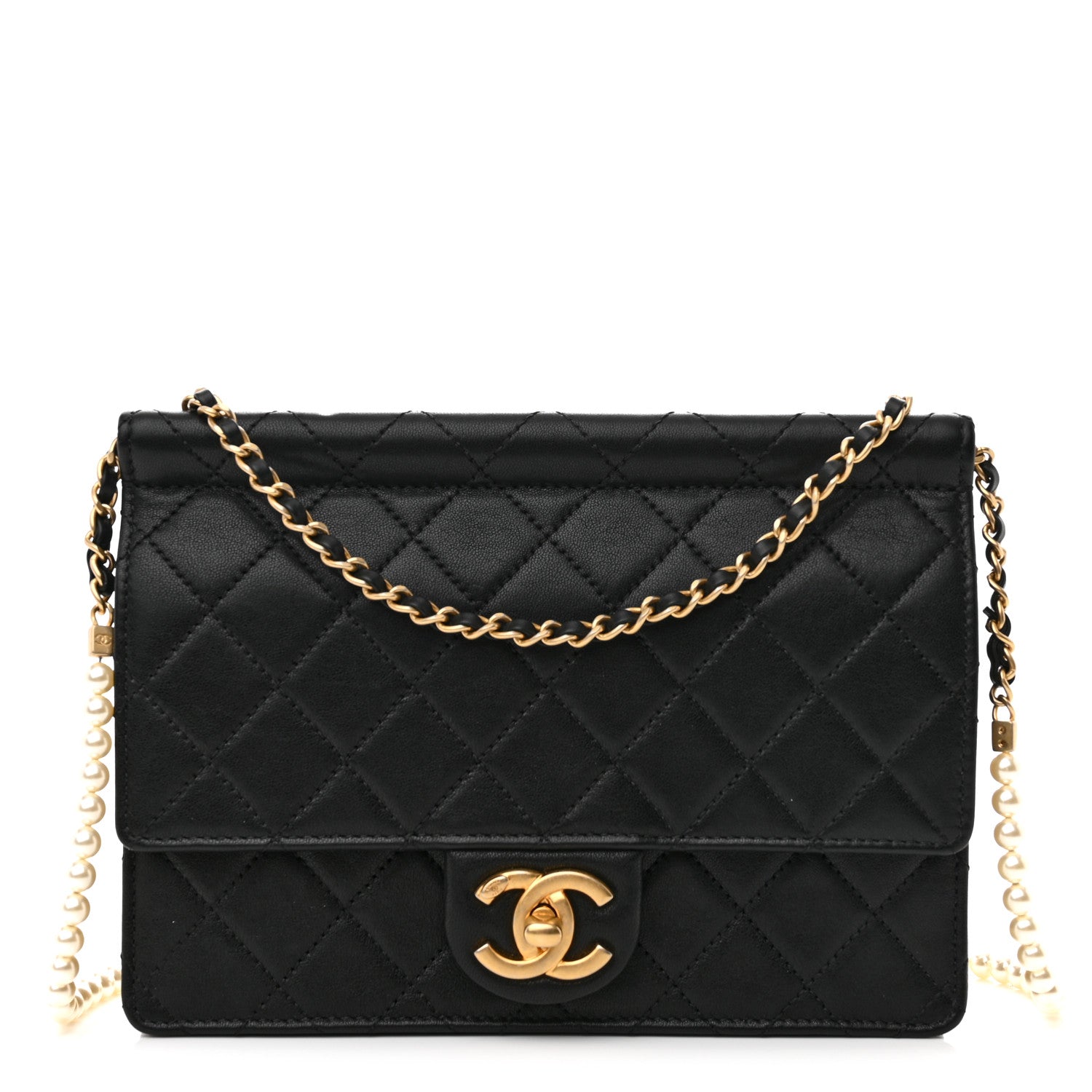 Chanel Lambskin Quilted Large Pearl Chain Flap Bag Black 1 of 13