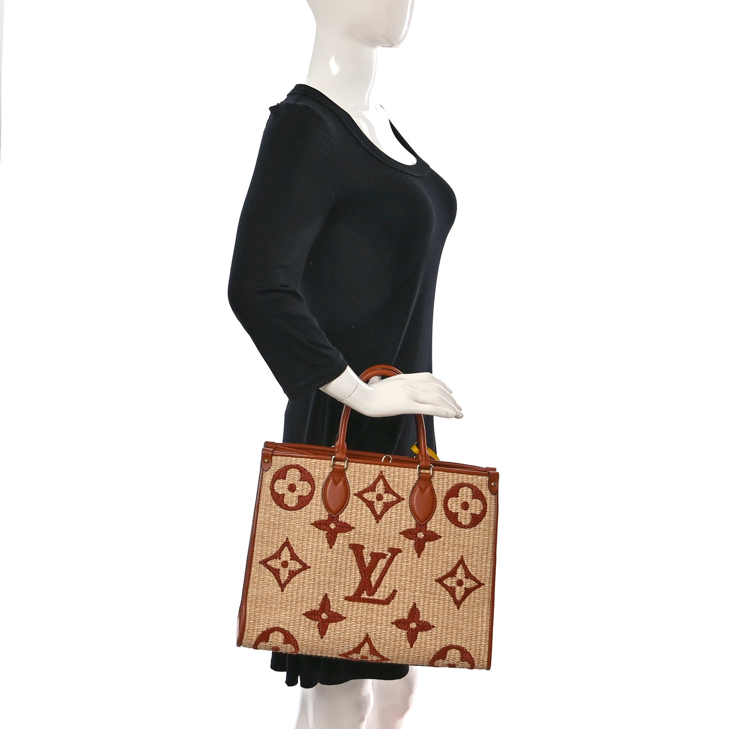 Raffia Calfskin Monogram Giant Onthego MM Tan