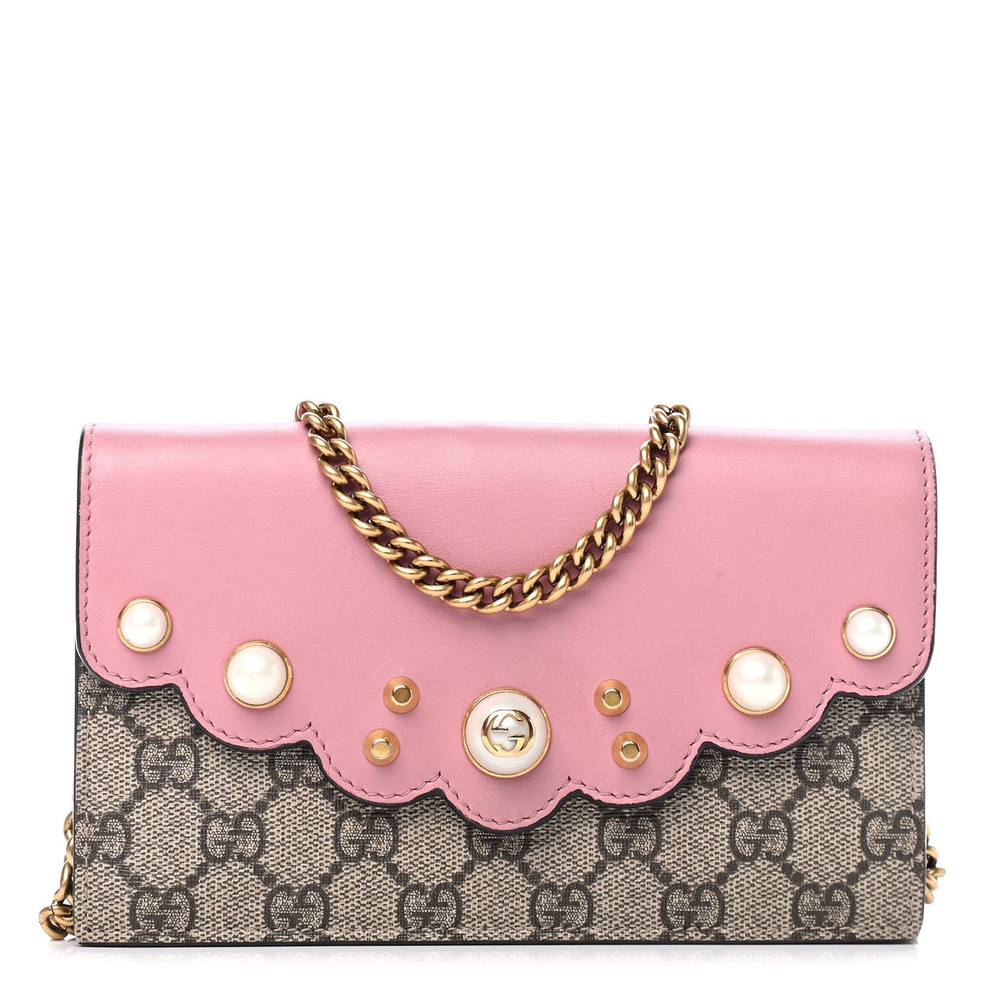 GG Supreme Monogram Mini Peony Pearly Wallet on Chain Pink