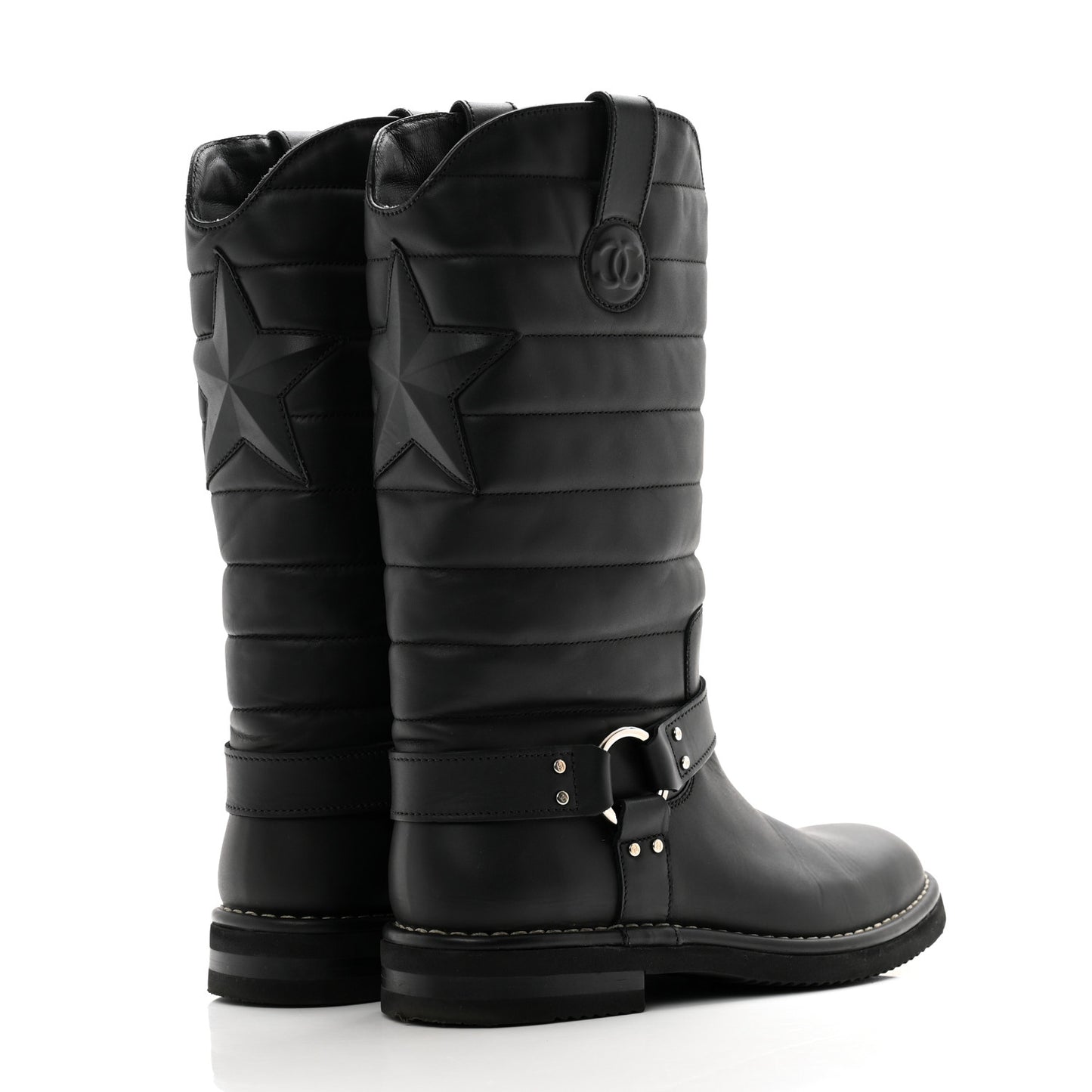 Oily Calfskin Star Quilted Biker Boots 39.5 Black