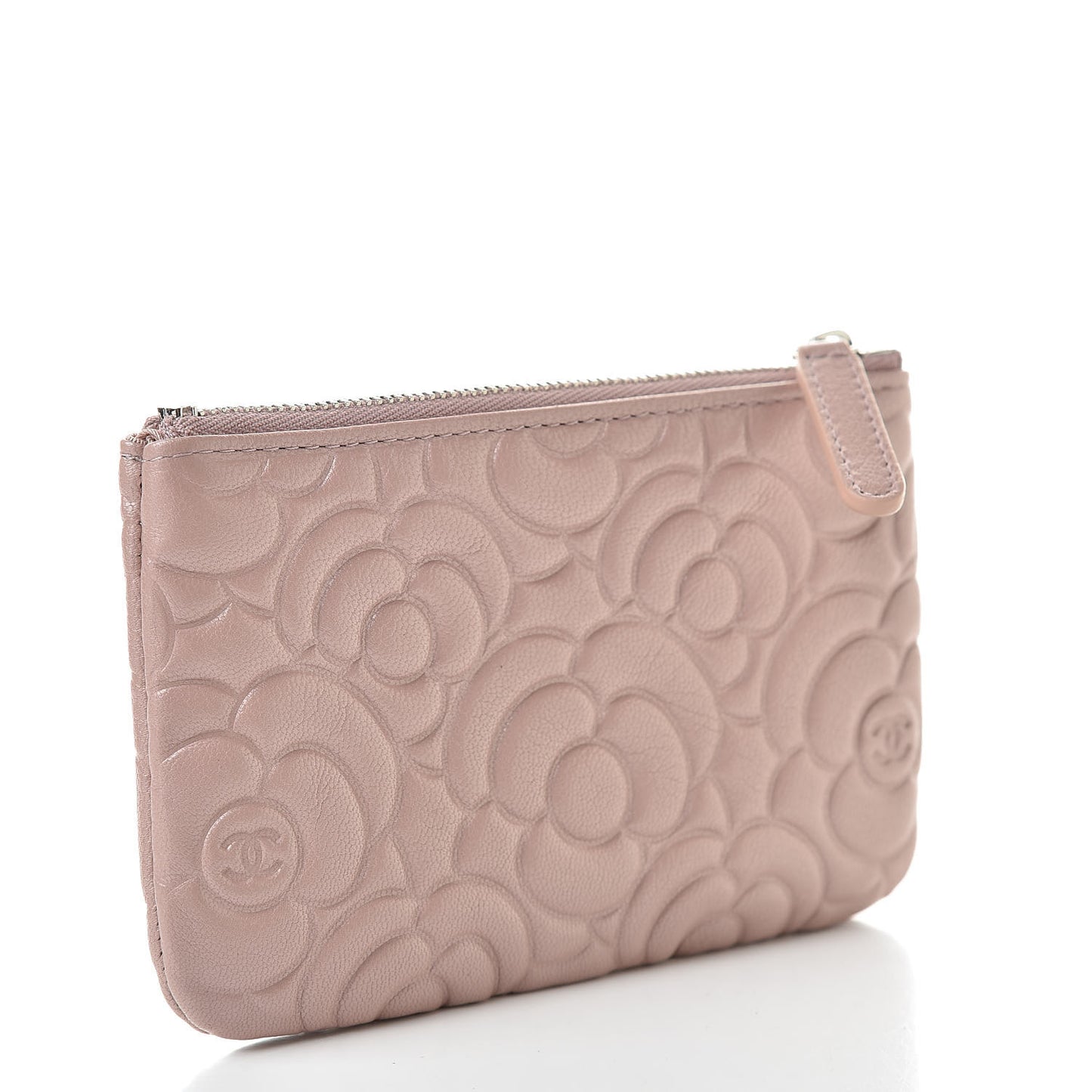 Goatskin Camellia Embossed Cosmetic Pouch Light Pink