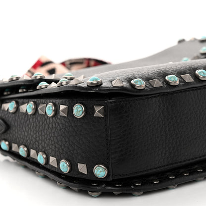 Valentino Garavani Pebbled Calfskin Turquoise Medium Guitar Strap Rockstud Rolling Flap Saddle Bag Black 8 of 12