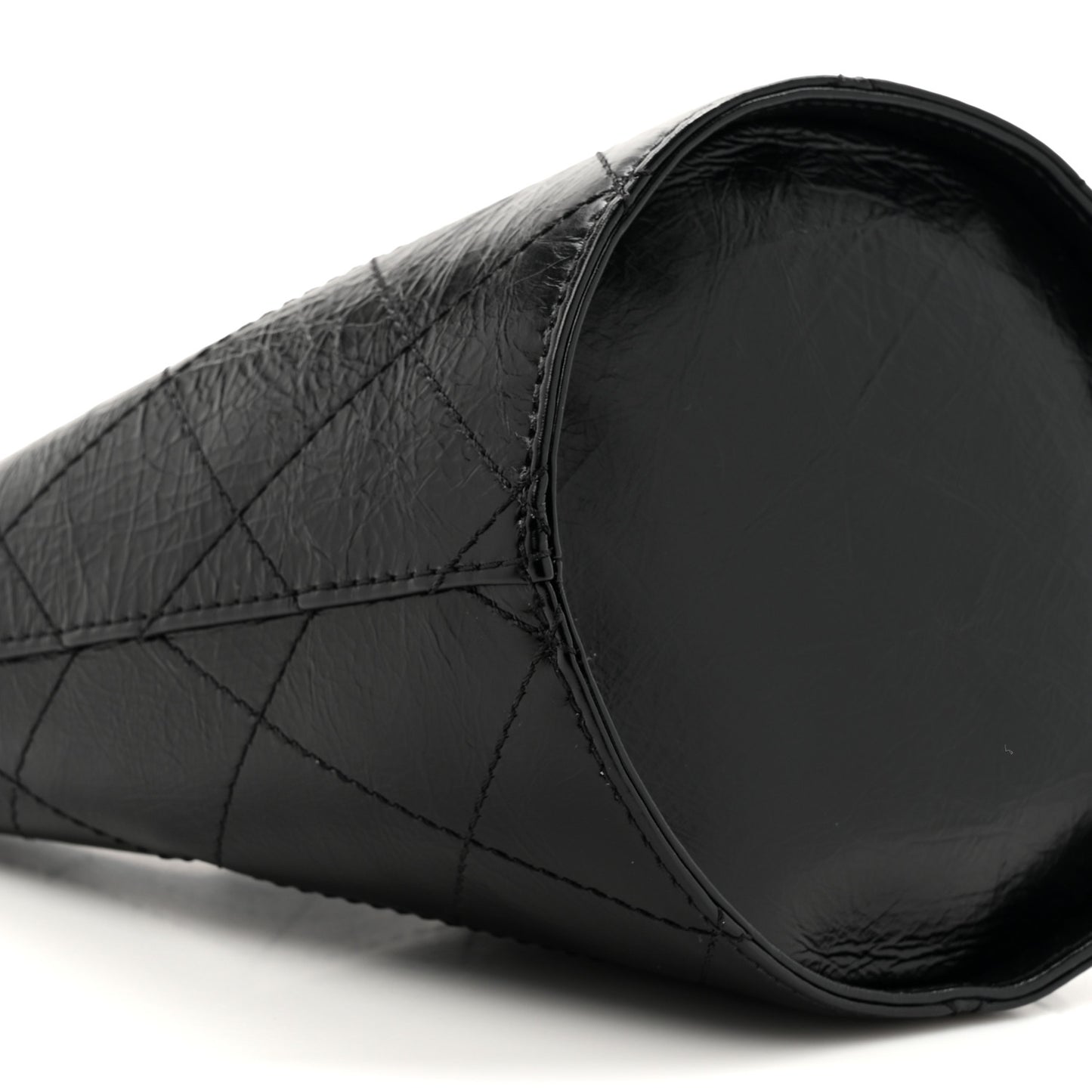 Crumpled Calfskin Quilted Chain Drawstring Bucket Bag Black