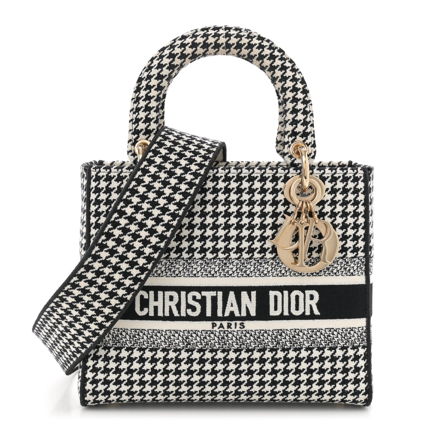 Canvas Houndstooth Embroidered Medium Lady D-Lite Black White