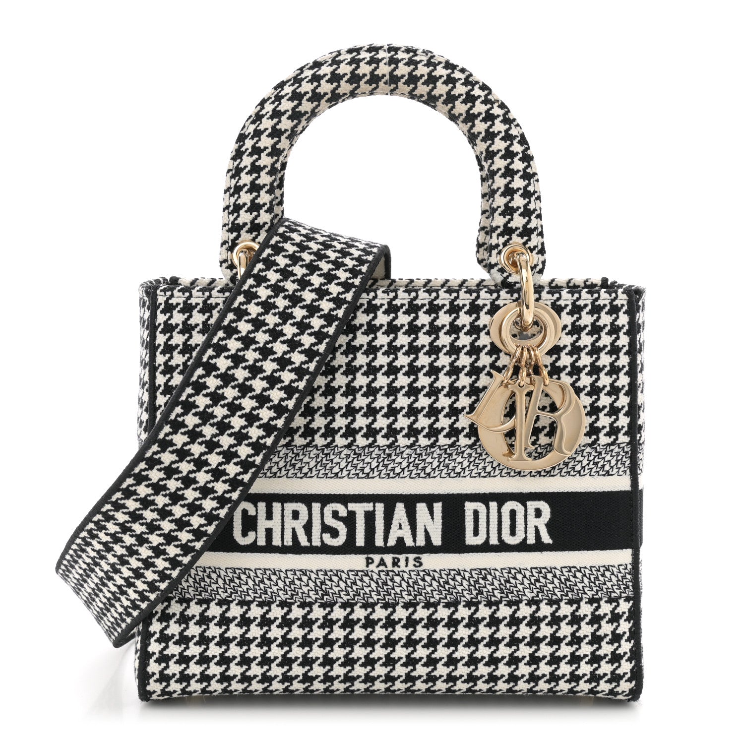 Christian Dior Canvas Houndstooth Embroidered Medium Lady D-Lite Black White 1 of 10