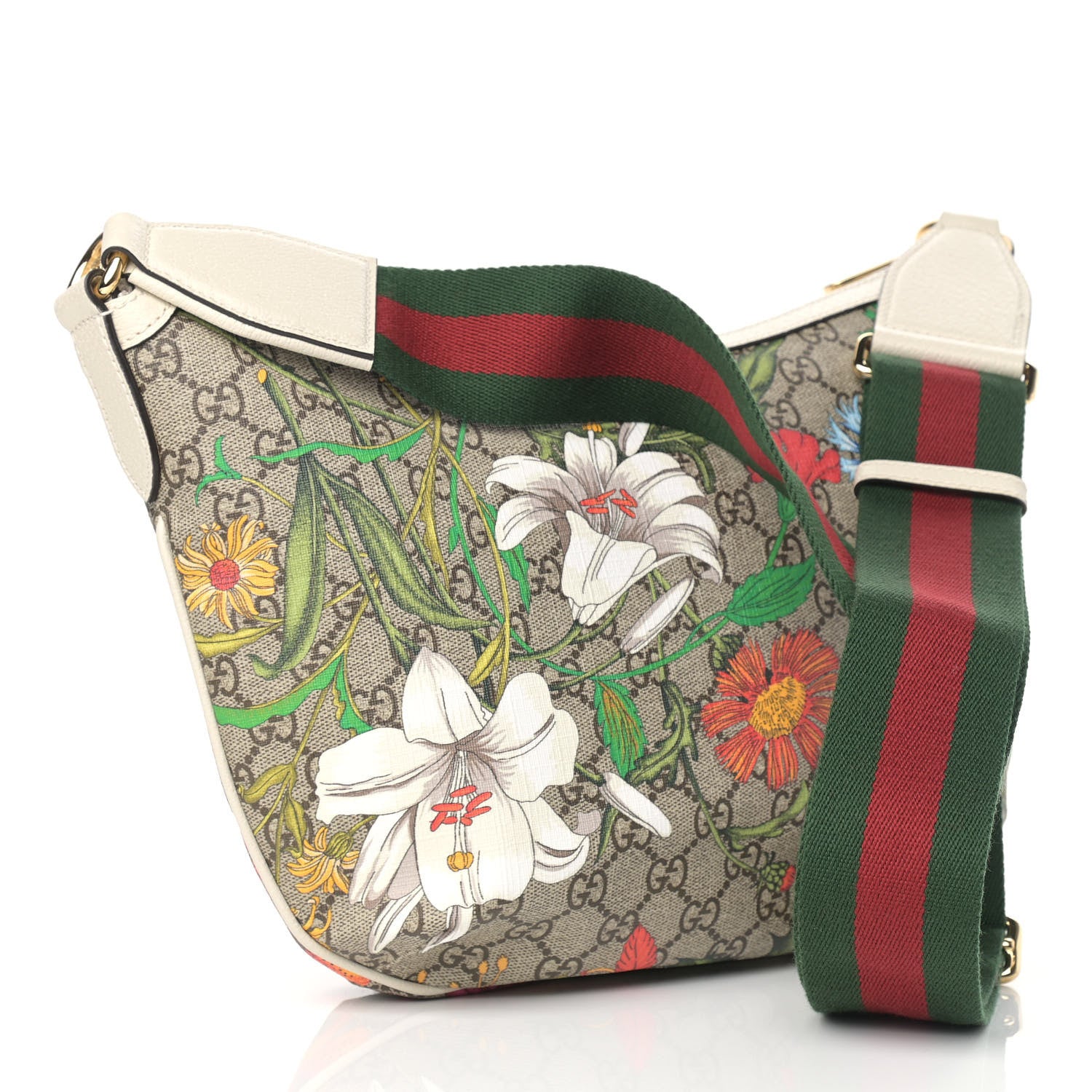Gucci GG Supreme Monogram Flora Web Small Ophidia Half Moon Hobo White 3 of 9