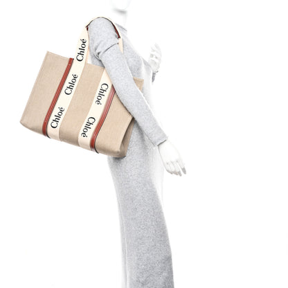 Chloe Linen Calfskin Large Woody Ribbon Tote White Brown 2 of 10