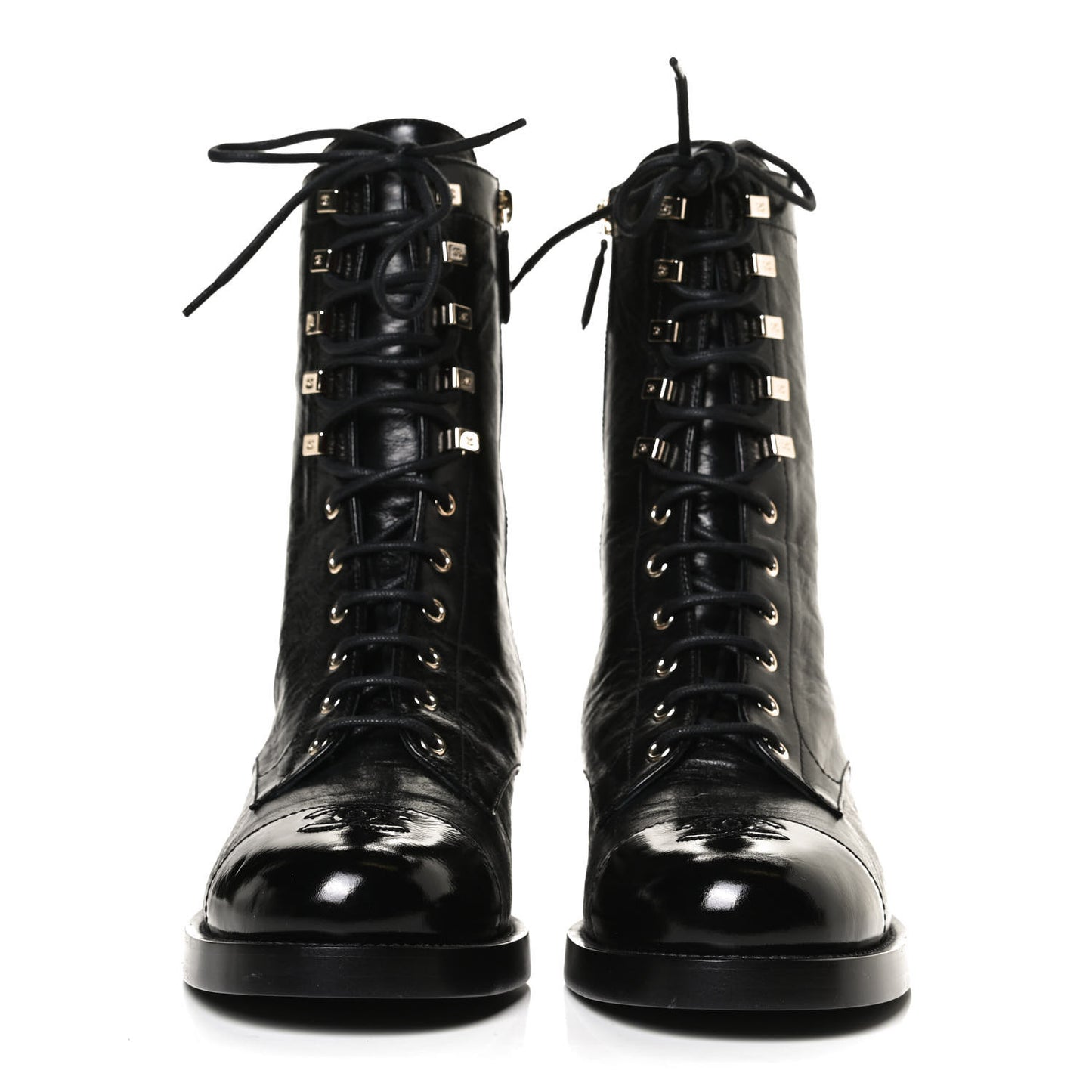 Crumpled Lambskin Shiny Calfskin Lace Up Combat Boots 40.5 Black