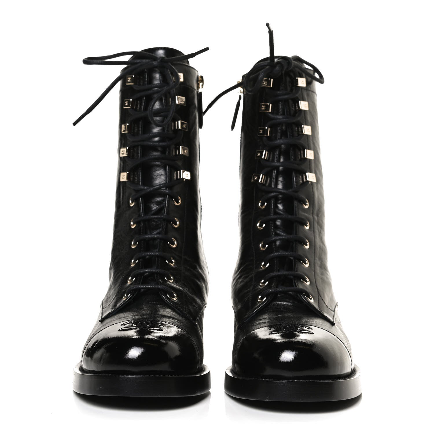 Chanel Crumpled Lambskin Shiny Calfskin Lace Up Combat Boots 40.5 Black 2 of 10