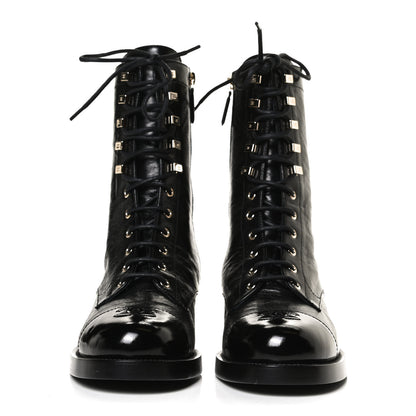 Chanel Crumpled Lambskin Shiny Calfskin Lace Up Combat Boots 40.5 Black 2 of 10