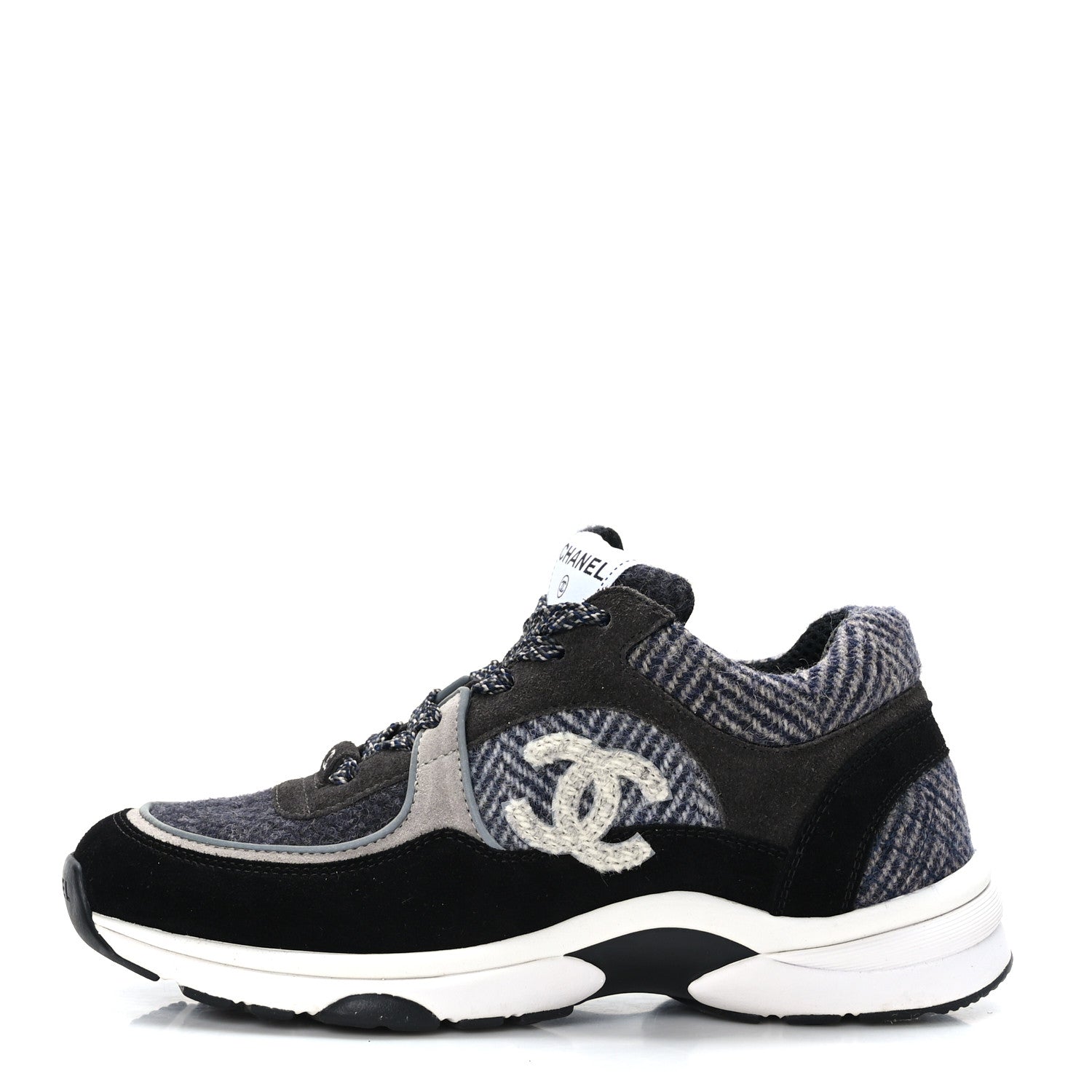 Chanel Fabric Suede Calfskin CC Sneakers 37 Black Grey Dark Grey 1 of 7