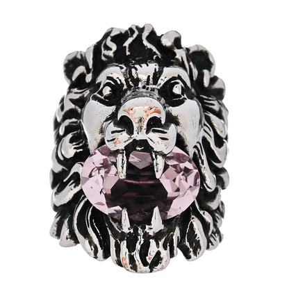 Gucci Metal Crystal Lion Head Ring 6.25 Pink Silver 1 of 7