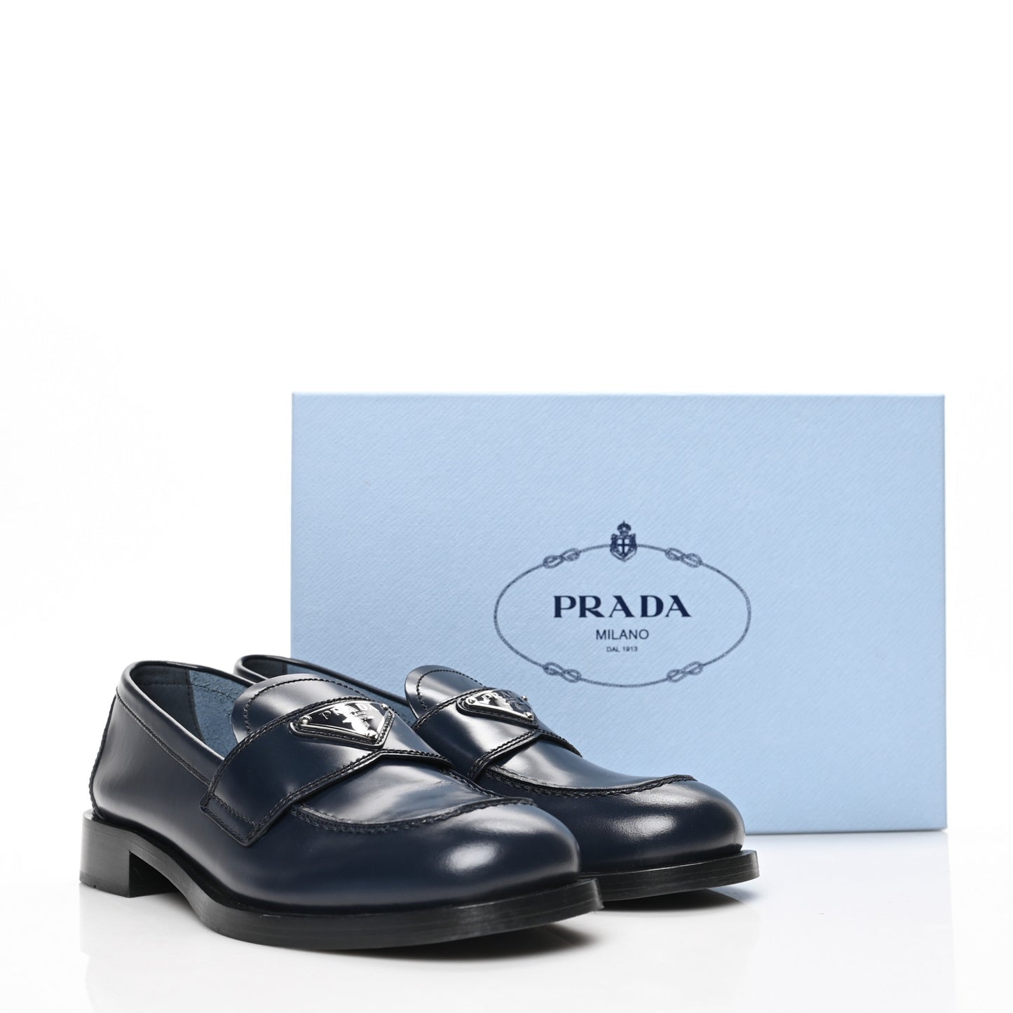 Brushed Calfskin Metal Triangle Logo 20mm Loafers 38.5 Blue