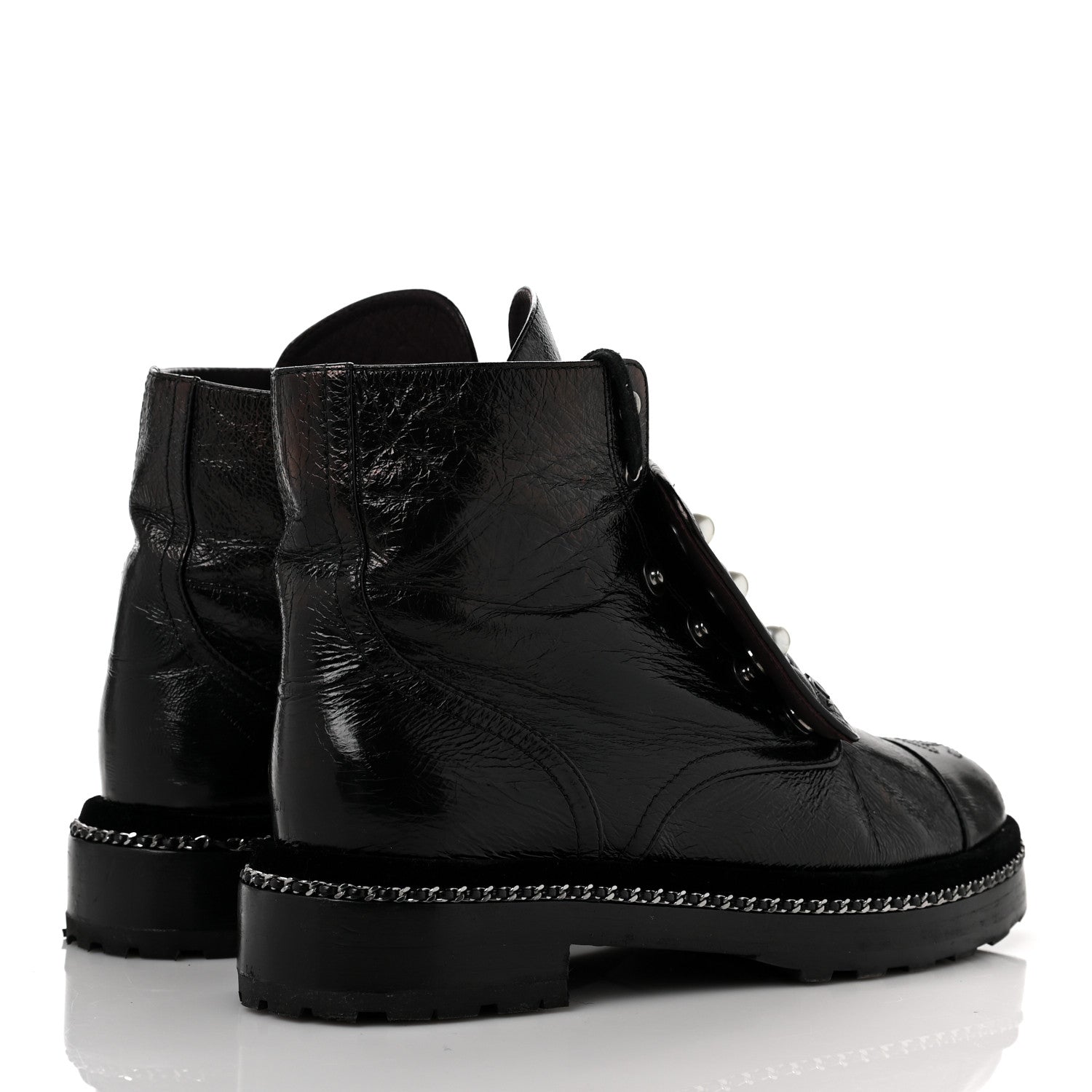 Chanel Crackled Calfskin Velvet Pearl Combat Short Boots 40 Black 4 of 7