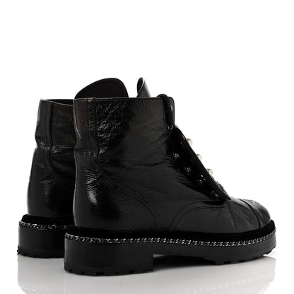 Chanel Crackled Calfskin Velvet Pearl Combat Short Boots 40 Black 4 of 7