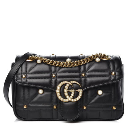 Gucci Calfskin Matelasse Studded Small Pearly GG Marmont Shoulder Bag Black 1 of 9