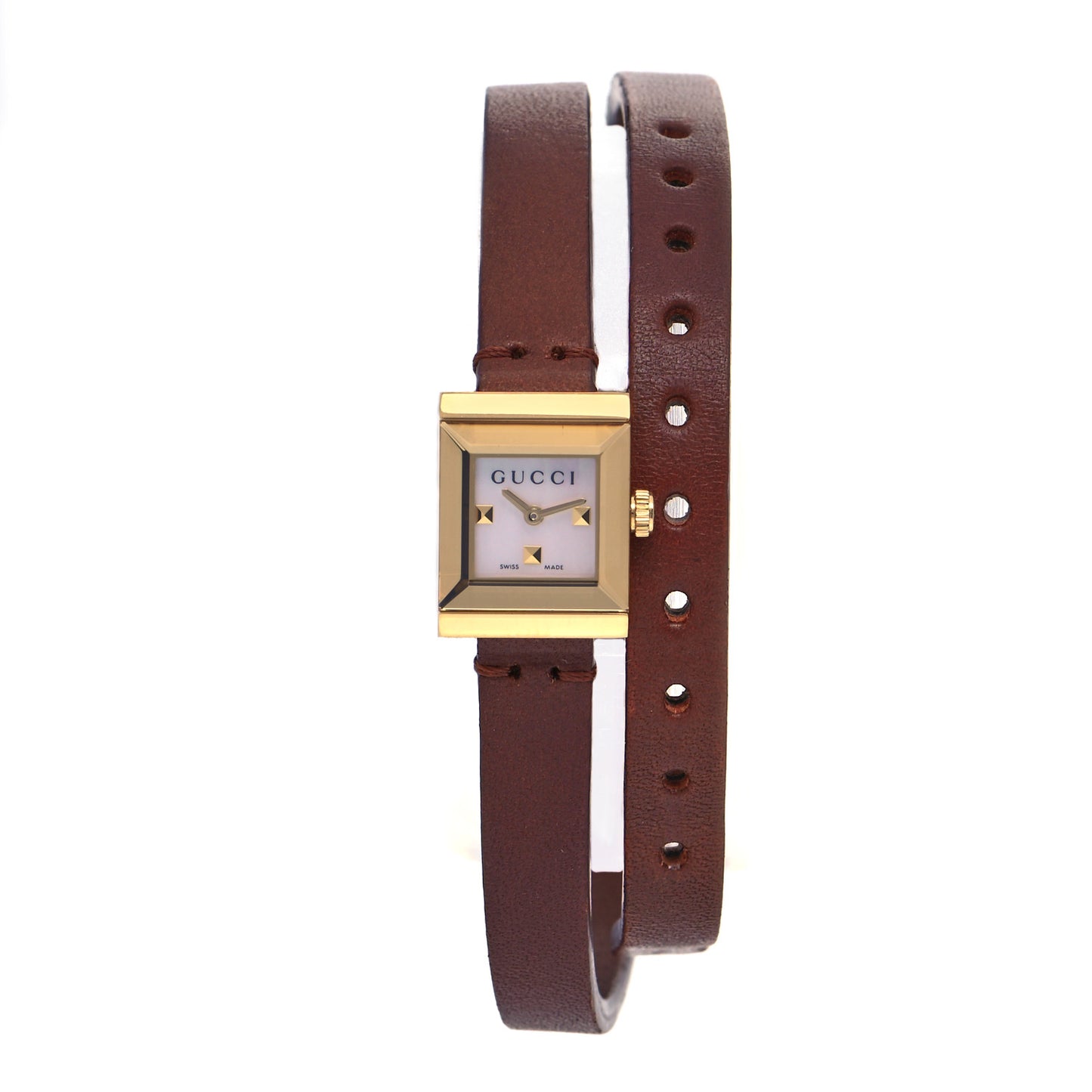 Stainless Steel Calfskin Mother of Pearl 14mm G-Frame Square Double Wrap Quartz Watch