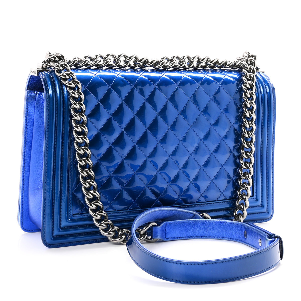 Chanel Metallic Patent Quilted New Medium Boy Flap Blue 3 of 12