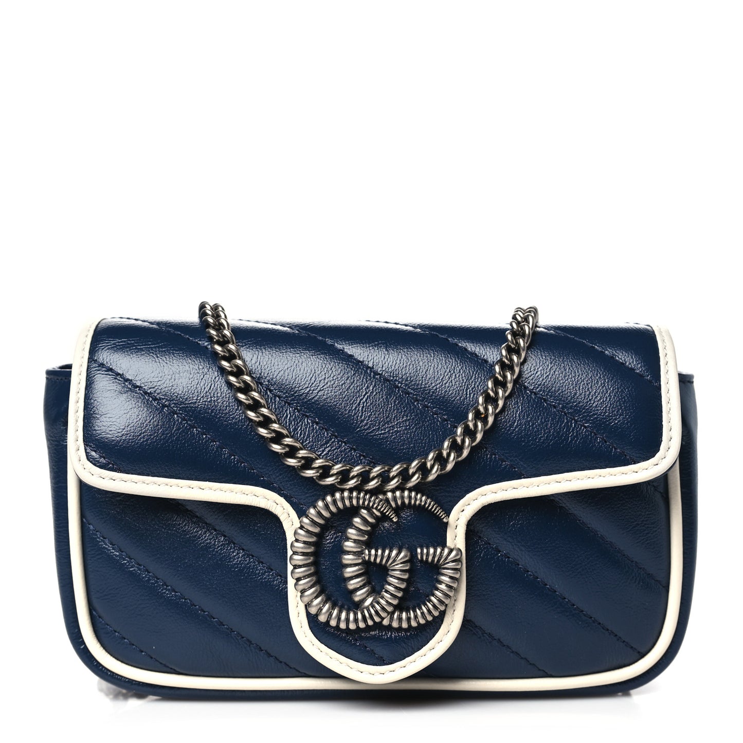 Vintage Effect Calfskin Matelasse Diagonal Super Mini Torchon GG Marmont Shoulder Bag Blue Agata Mystic White